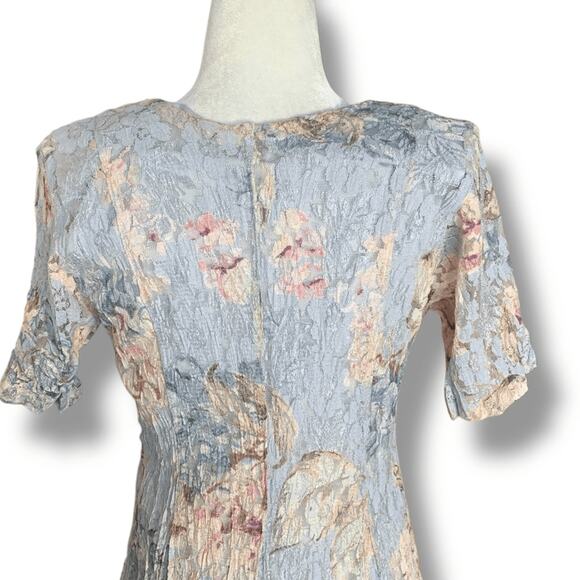 Vintage 90s Crinkle Lace Panels Maxi Dress Medium Pastel Blue Floral Pattern - Picture 6 of 9